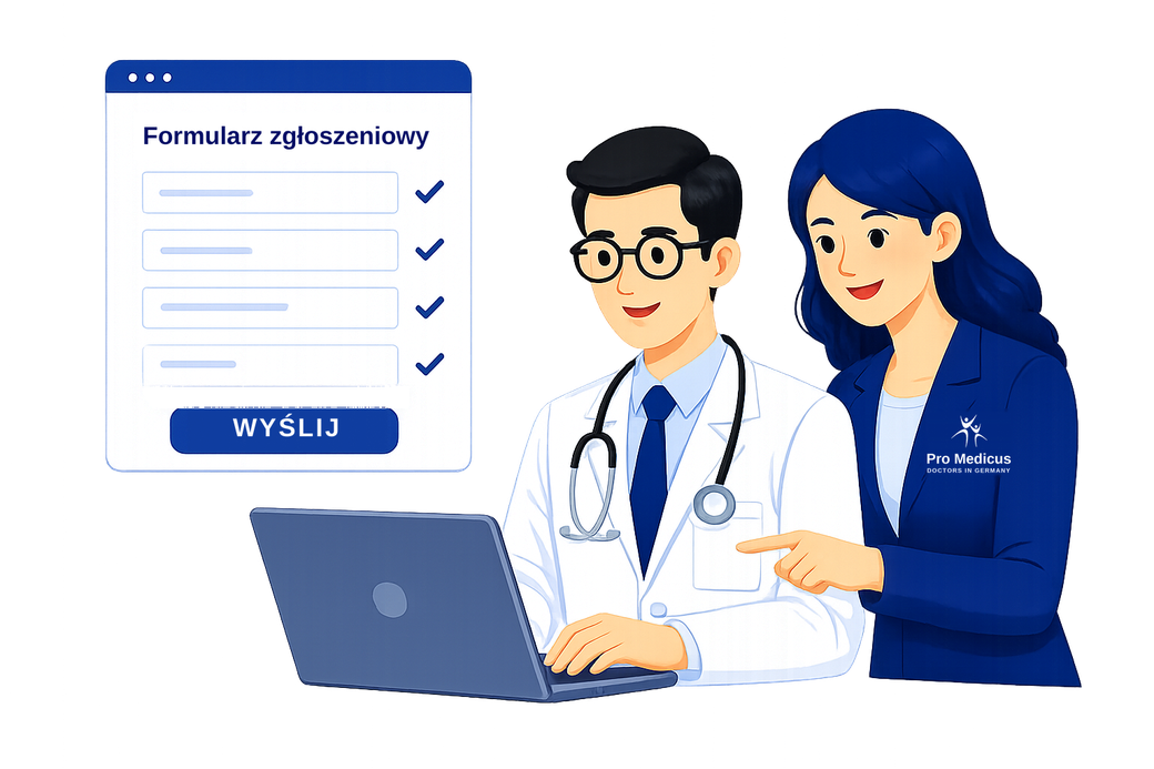 Ilustracja: lekarze wypełniający zgłoszenie online na laptopie